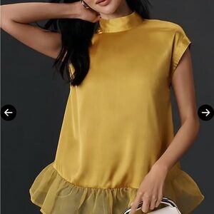 Maeve Gold Satin Blouse with Ruffle Hem